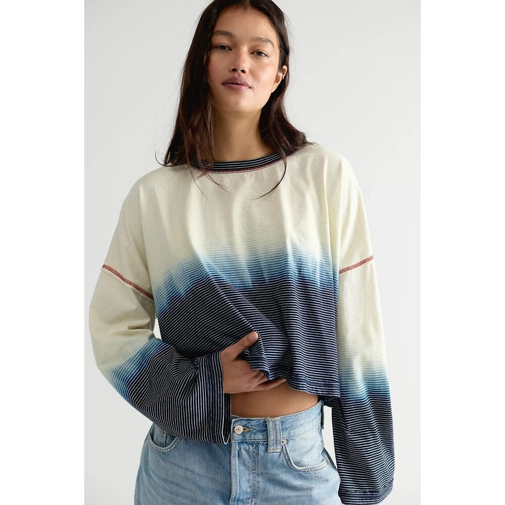 We The Free People Indigo Striped Long sleeve Cropped Tee Oversized XS NWT